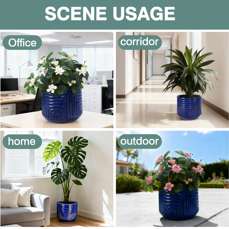 16' Dia Round Planters for Indoor Plants, Large Outdoor Planters with Drainage Holes, Ceramic Plant Pots Indoor & Outdoor for Home Garden Patio - Dark Blue