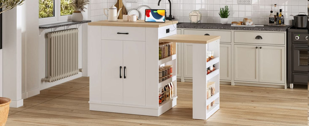 Extendable Island Console & Particle Board White Finish & Multi-Functional Storage Media 15