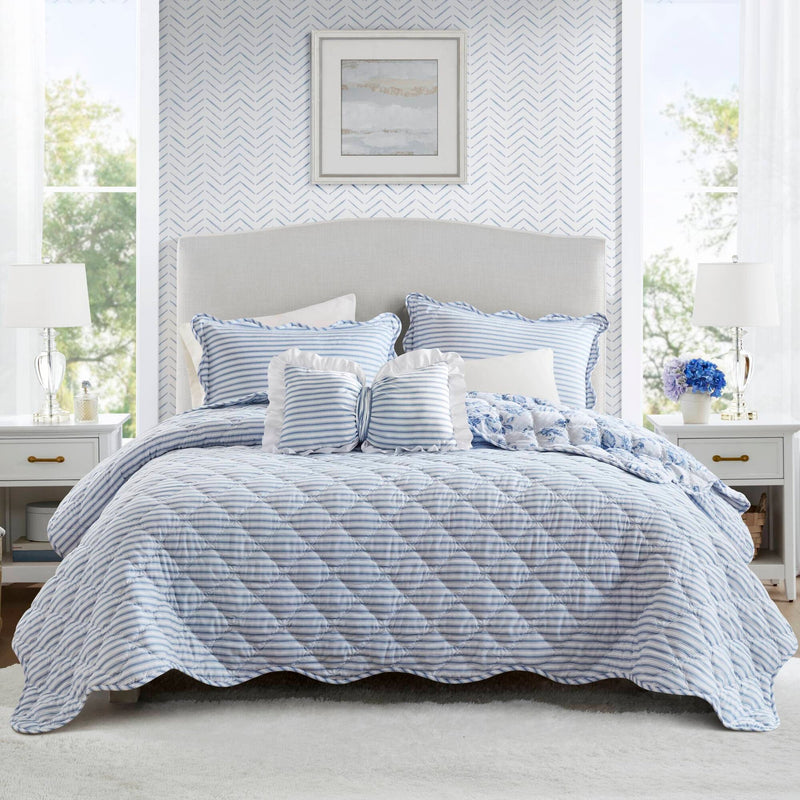 4 Pieces Full/Queen  Quilt Set with Decorative Pillow,Blue