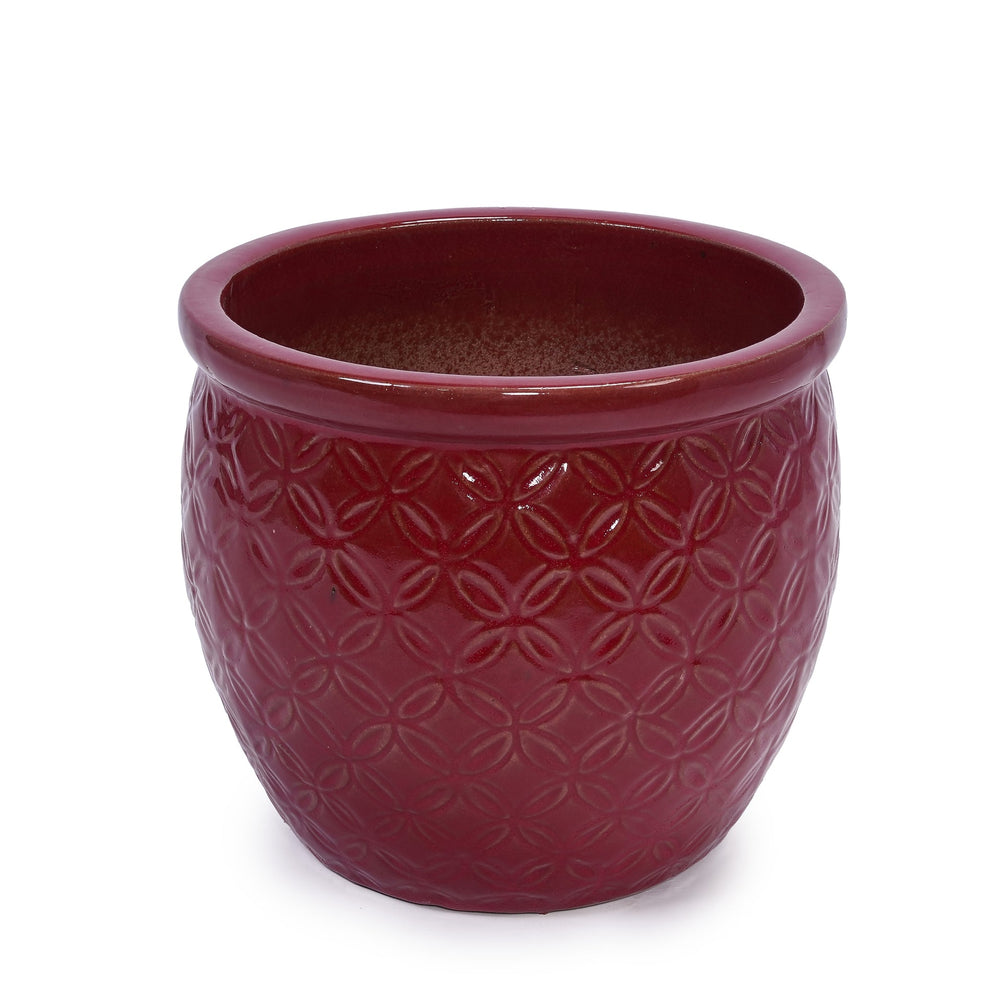 Handmade Ceramic Flower Pot Set of 3, 15/12/10 Inch Diameter, Deep Red with Floral Embossed Pattern, for Orchids Indoor/Outdoor Use on Windowsill & Bookshelf, Breathable Clay Media 21