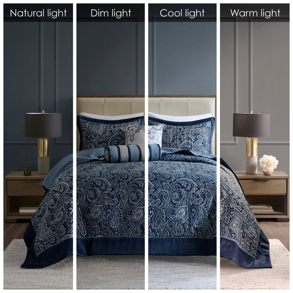 5 Piece Jacquard Bedspread Set with Throw Pillows Navy King Media 12