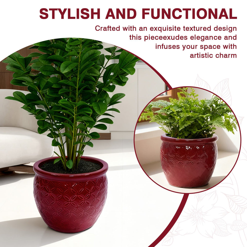 Handmade Ceramic Flower Pot Set of 3, 15/12/10 Inch Diameter, Deep Red with Floral Embossed Pattern, for Orchids Indoor/Outdoor Use on Windowsill & Bookshelf, Breathable Clay Media 12