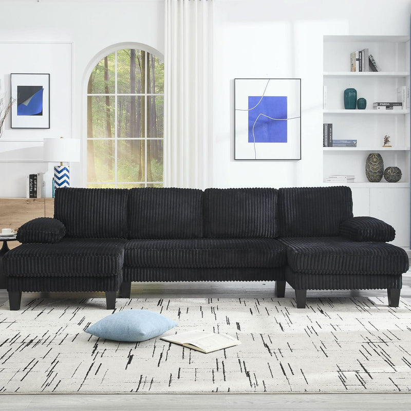 U Shaped Sofa Wood Frame Oversized Four-Seater Living Room Black Upholstery