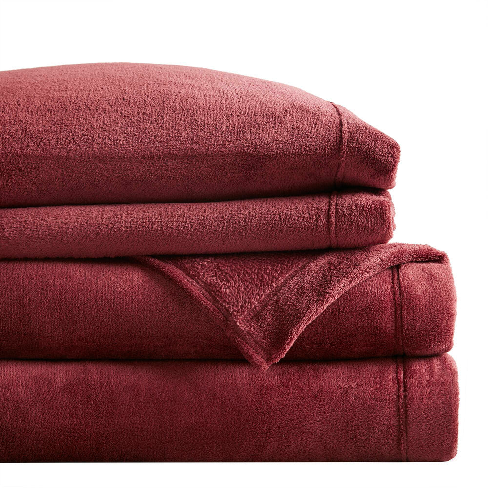 4 PCS Full Micro Plush Sheet Set Burgundy Media 19