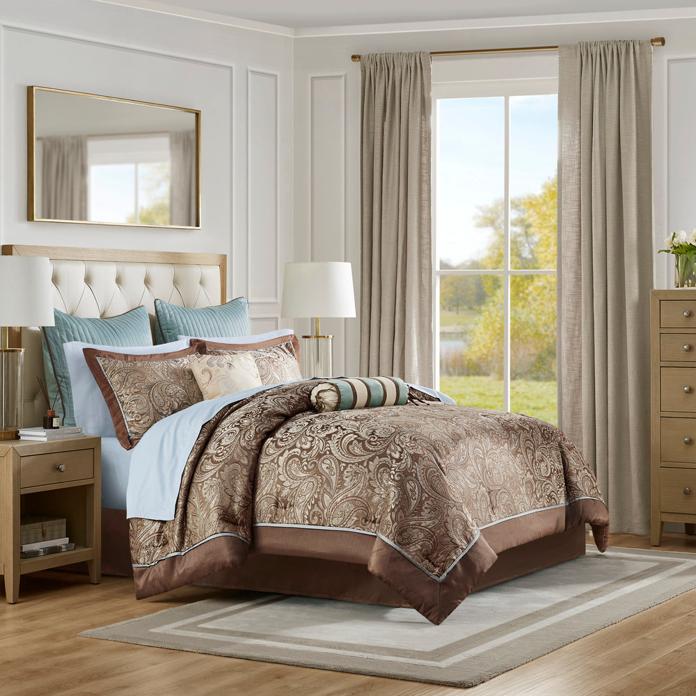 12 Piece Comforter Set with Cotton Bed Sheets Blue/Brown King Media 1