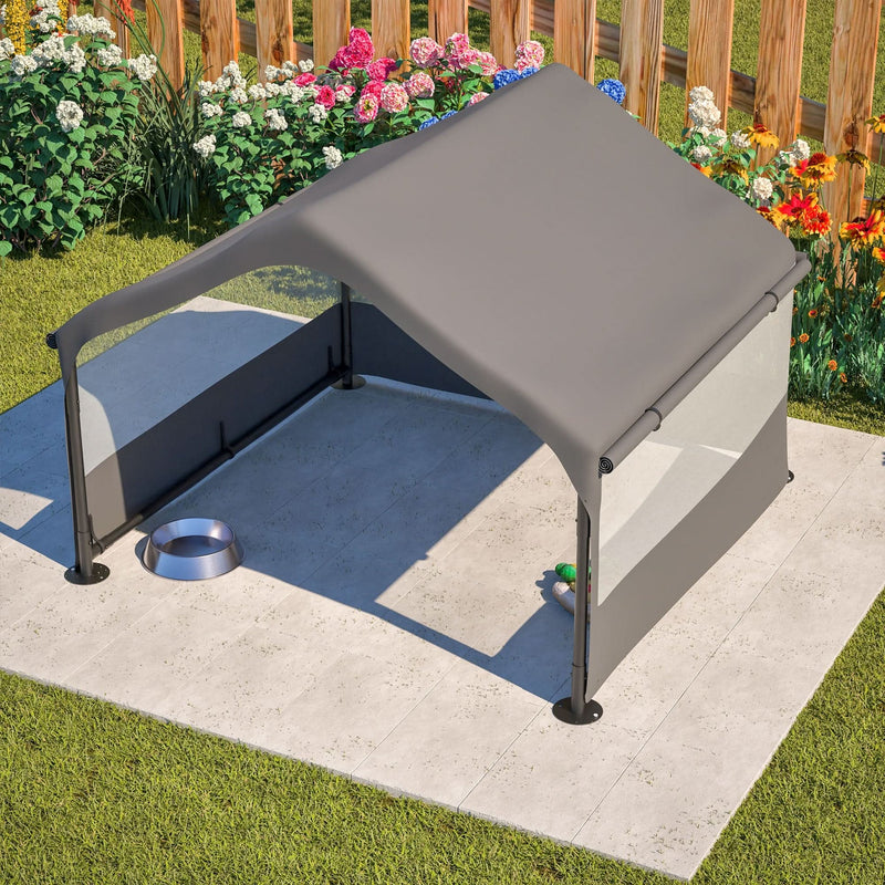 Extra Large Outdoor Dog House Tent with 3-Sided Mesh Windows, Breathable Sun Rain Cover Pet Shelter with Canopy and Ground Stakes for Dogs, Cats, Livestock – 4' x 4' x 3.3', Gray