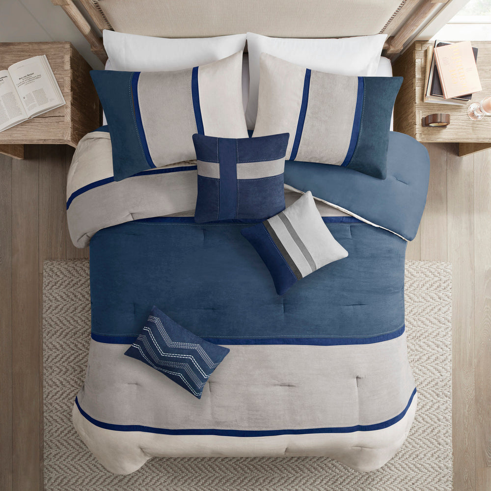 7 Piece Faux Suede Comforter Set Blue Cal King Media 12