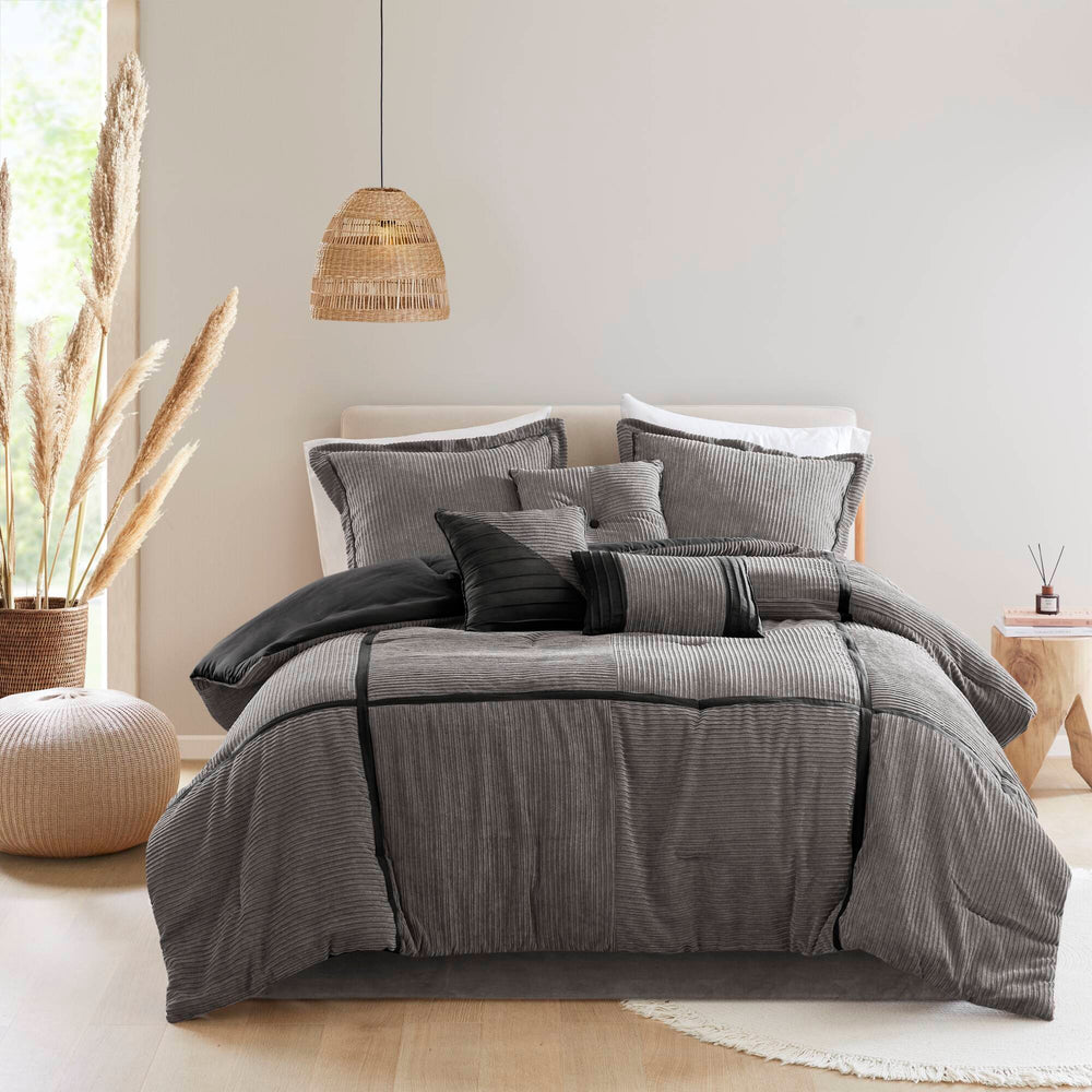 7 Piece Micro Corduroy Comforter Set Grey Queen Media 1