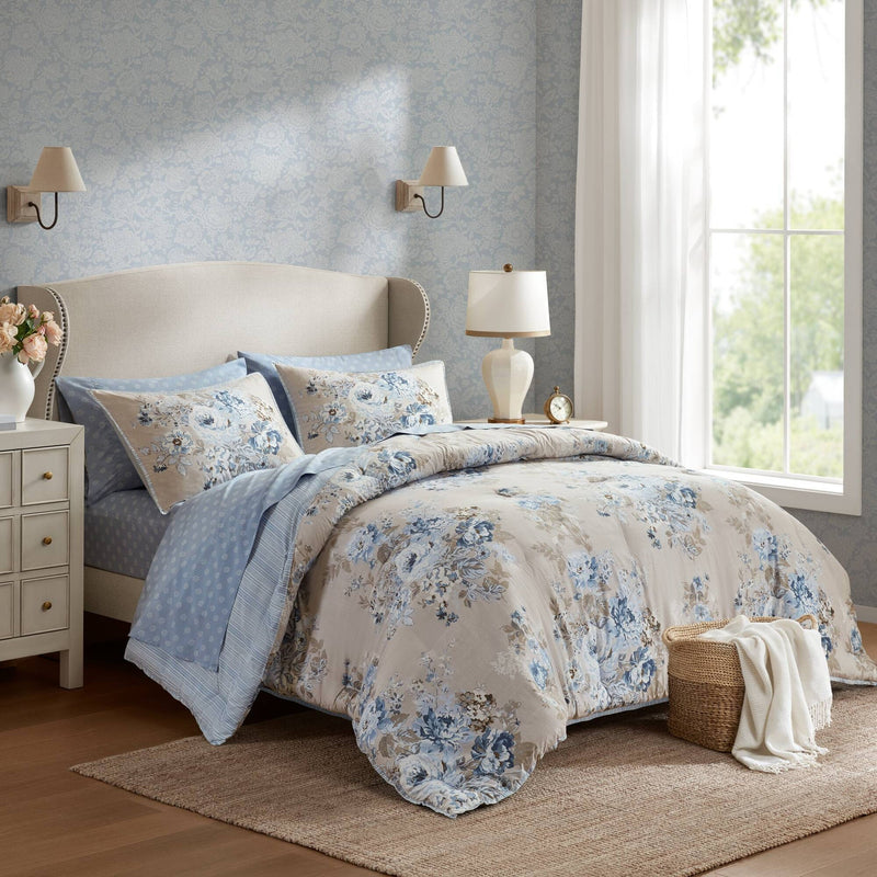 5-Piece Twin 5 Piece Vin -inspired Collection floral print,Beige/Blue
