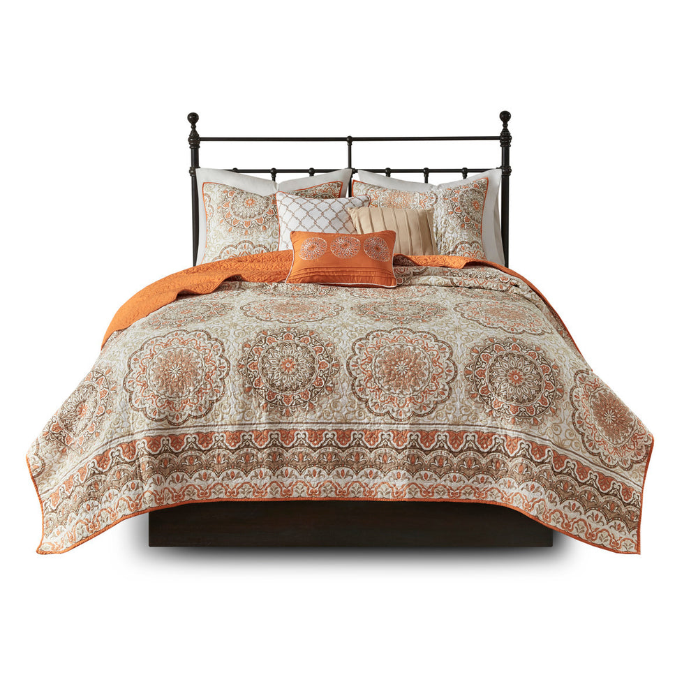 6 Piece Reversible Quilt Set with Throw Pillows Orange Full/Queen Media 11