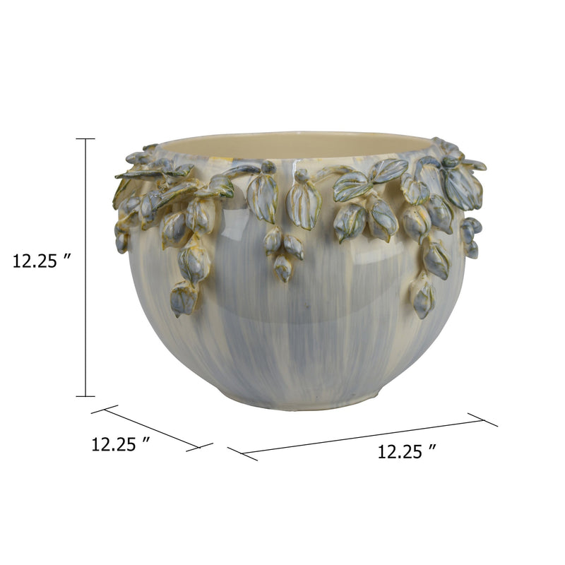 Decorative Bowl Planter, White Ceramic with Floral Garland Rim, 12 Inch