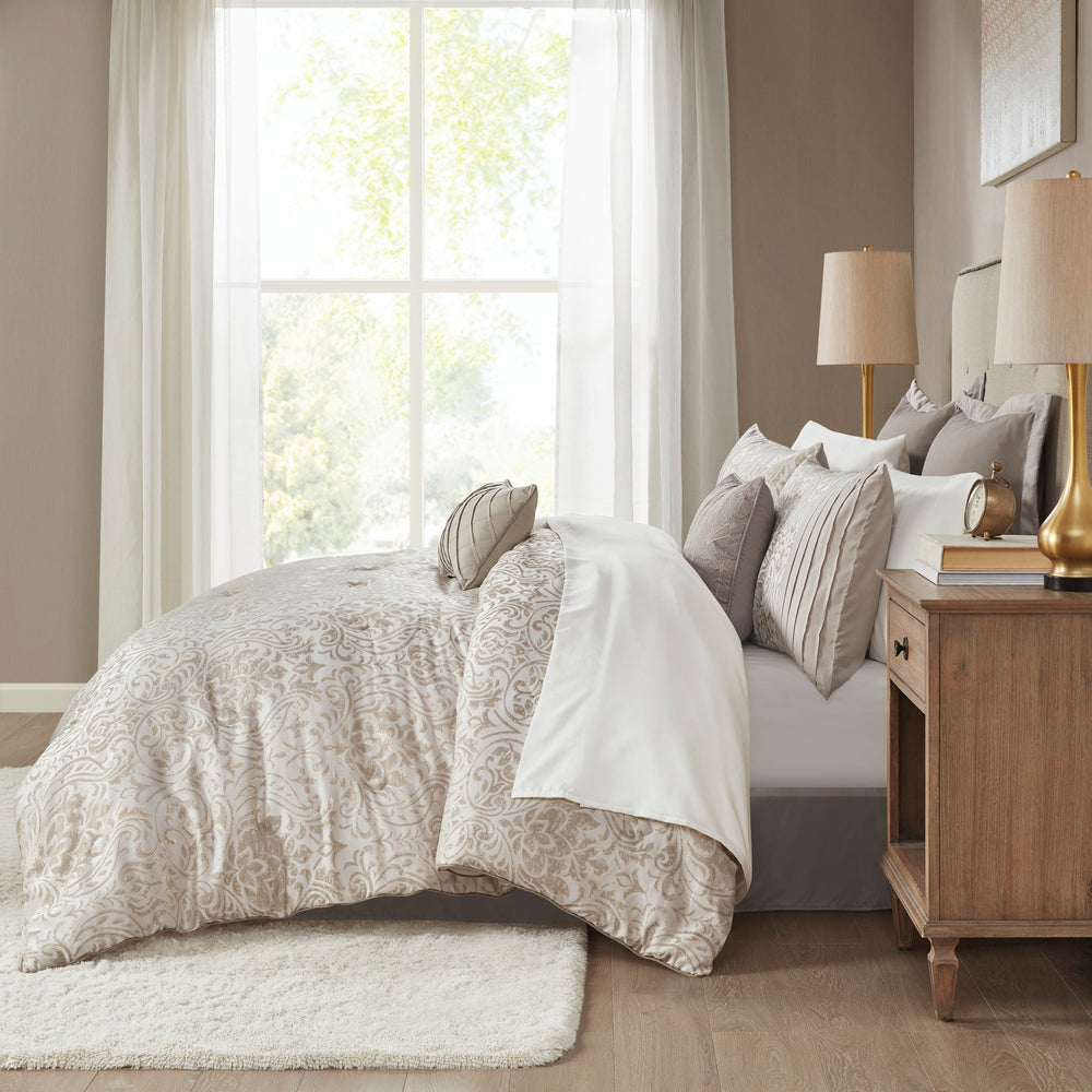 12 Piece Jacquard Comforter Set with Bed Sheets Khaki Queen Media 15