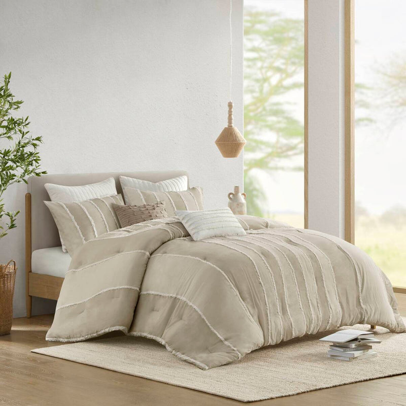 3 Piece Striped Cotton Comforter Set Taupe King/Cal King