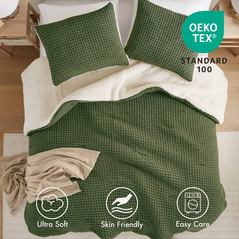 3 Pieces King/Cal King Waffle Knit Chenille Comforter Set,Olive Media 9