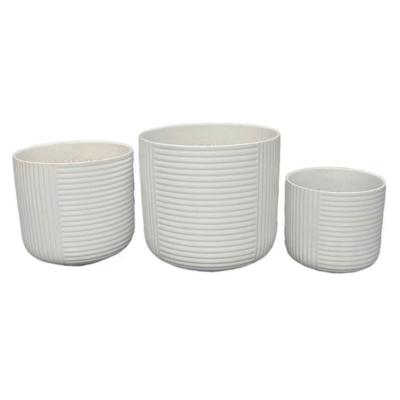 Kena Planter Set of 3, White Ceramic, Ribbed Texture Pots, 12 10 8 Inch