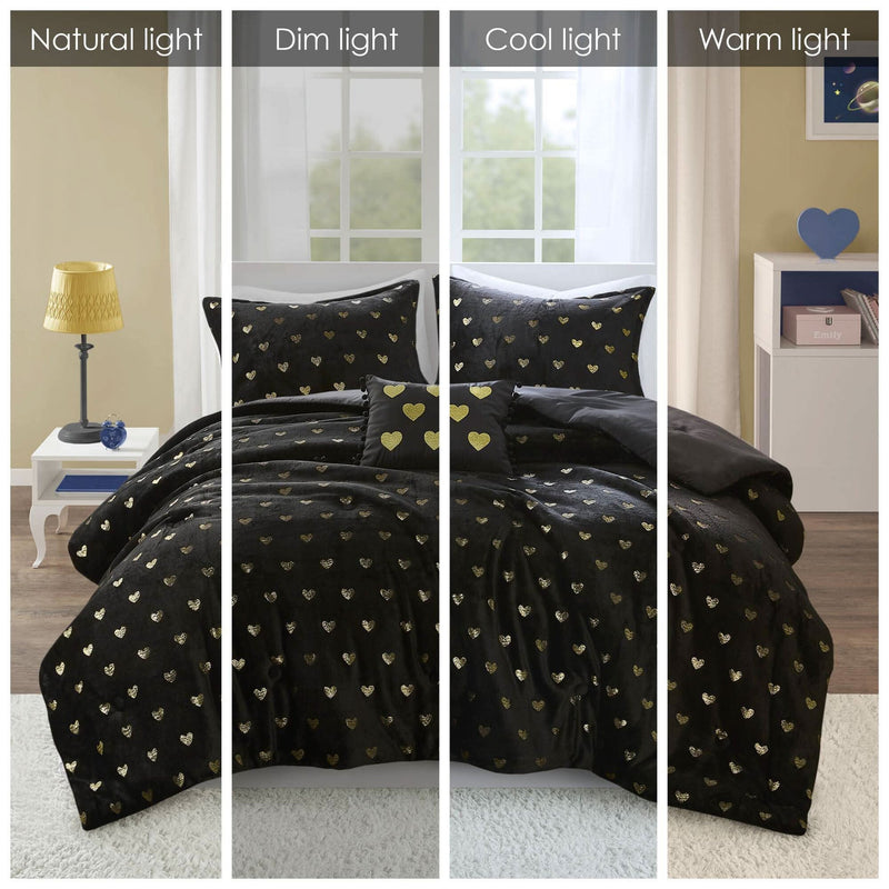 Plush Comforter Set & Black Gold Heart Print Full Queen Bedding 4 Piece with Throw Pillow