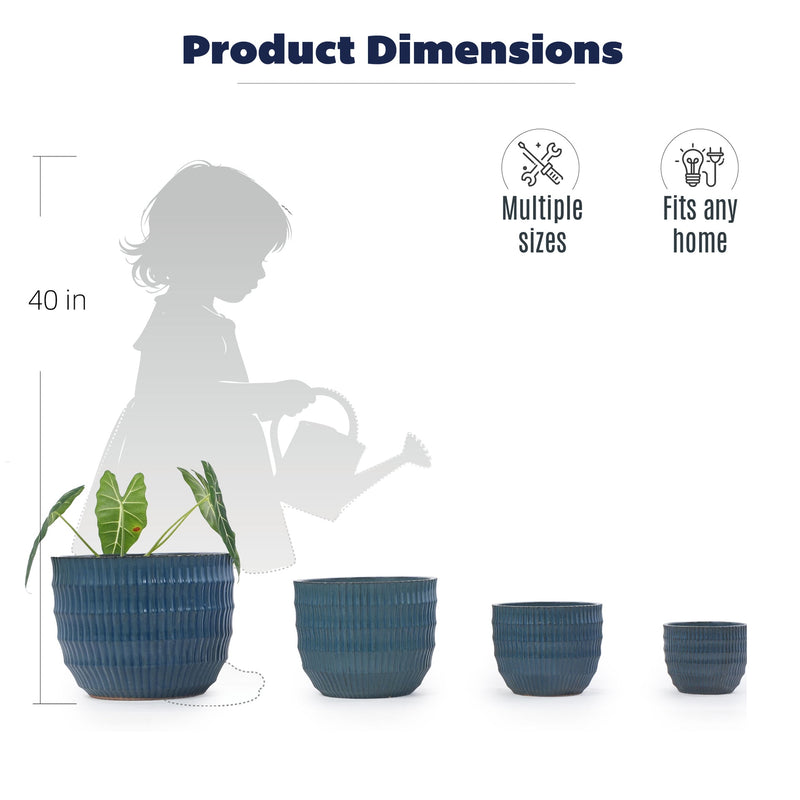 Handmade Denim Blue Glaze Ceramic Planter Set of 4, 7/9/12/14 Inch, Horizontal Grooves, Indoor & Outdoor Herb Succulent Pots, Breathable Clay with Drainage Holes