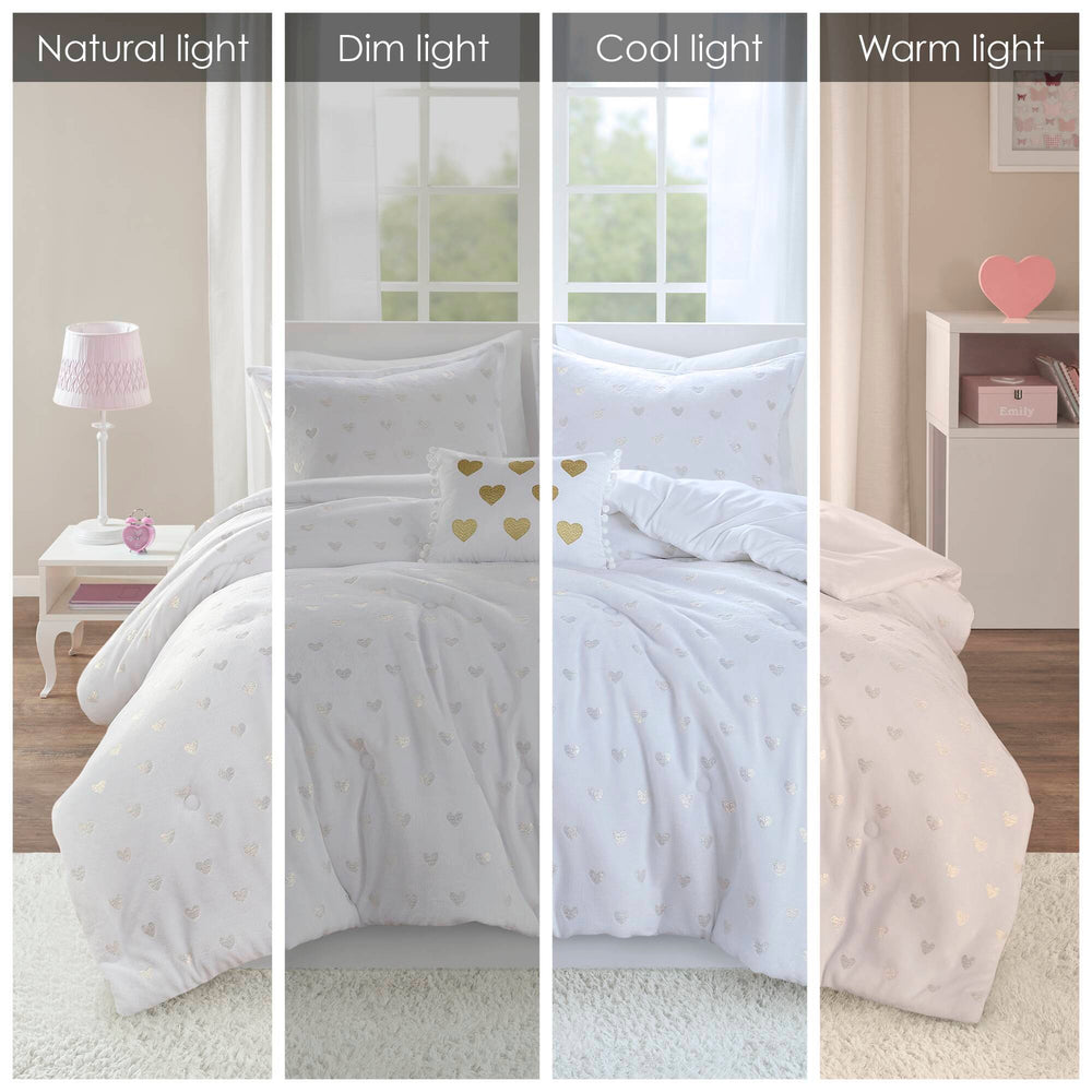 3 PCS Twin/Twin XL Metallic Printed Plush Comforter Set with Throw Pillow White/Gold Media 3