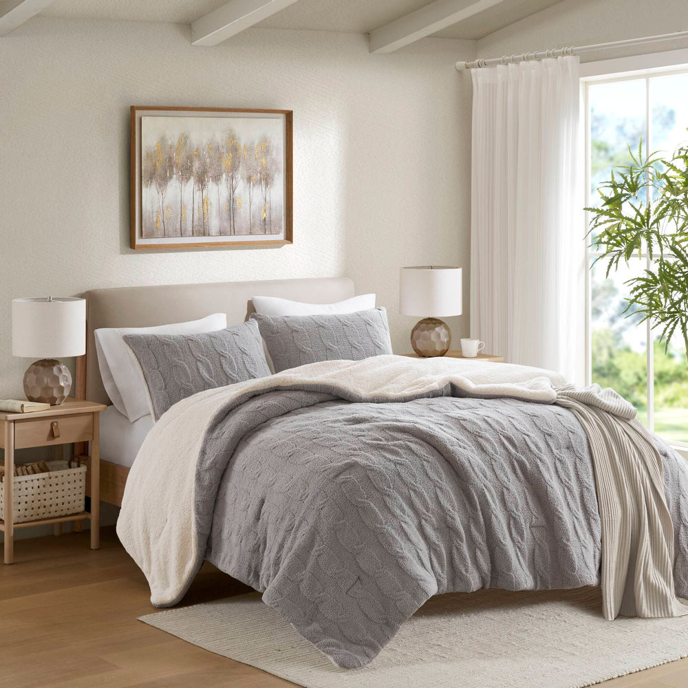 3 Pieces Full/Queen Cable Knit Chenille Comforter Set,Gray Media 16