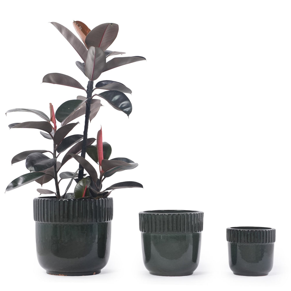 Handmade Ceramic Planter Set of 3, 15/12/9 Inch Diameter, Dark Green Vertical Ribbed Pattern, for Succulents Indoor/Outdoor Use on Windowsill & Bookshelf, Breathable Clay Media 3