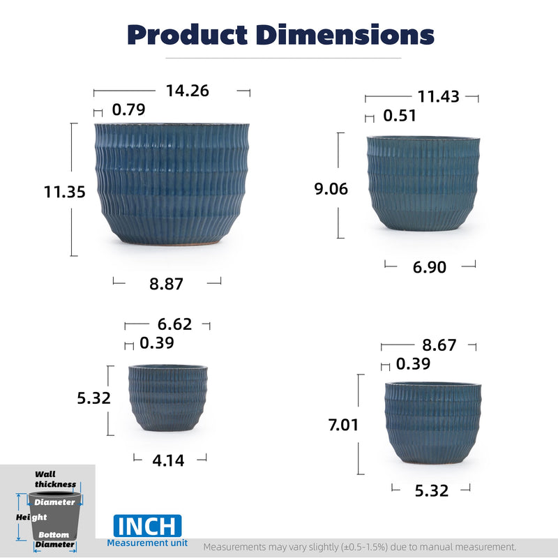 Handmade Denim Blue Glaze Ceramic Planter Set of 4, 7/9/12/14 Inch, Horizontal Grooves, Indoor & Outdoor Herb Succulent Pots, Breathable Clay with Drainage Holes