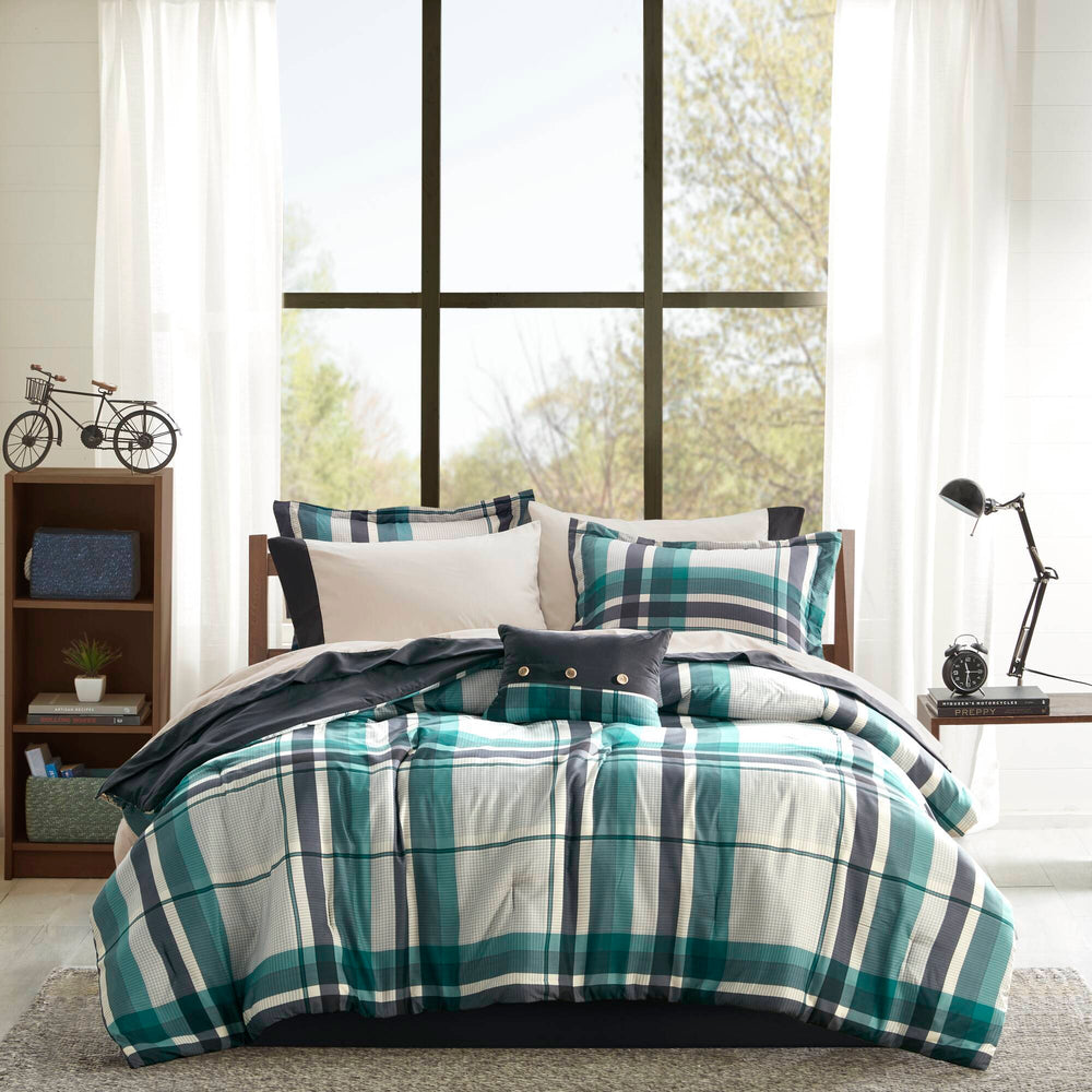 7 PCS Twin Plaid Comforter Set with Bed Sheets Teal/Black Media 10