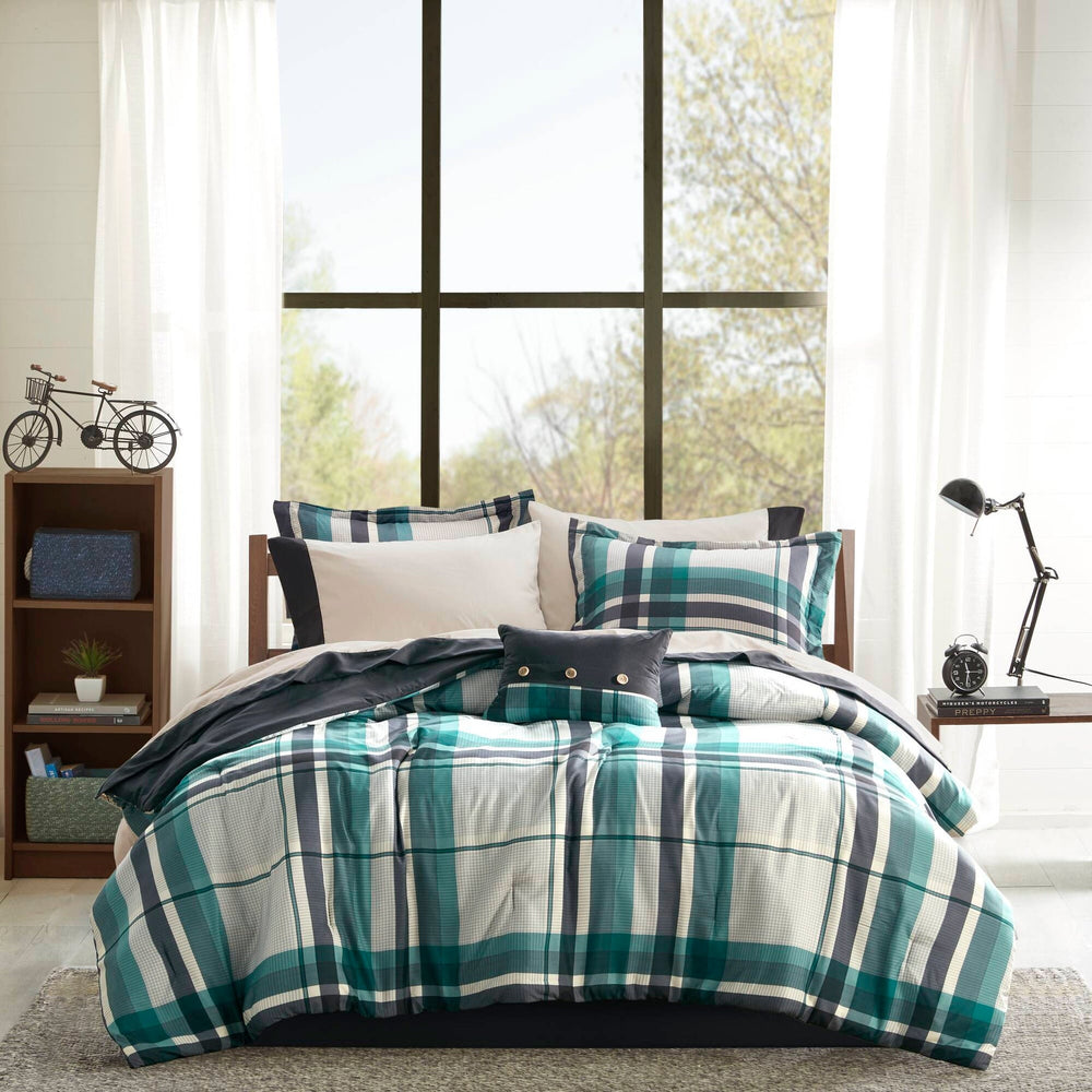 7 PCS Twin XL Plaid Comforter Set with Bed Sheets Teal/Black Media 1