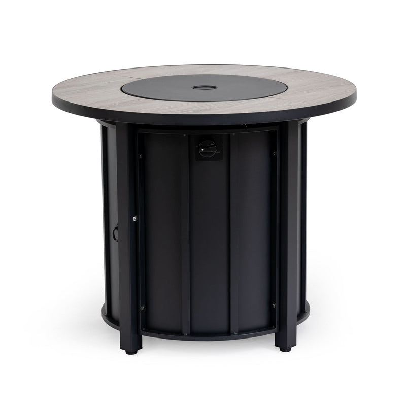 Propane Fire Pit Table Round Steel Wood Grain Ceramic Tabletop For Outdoor Patio & Backyard Entertaining