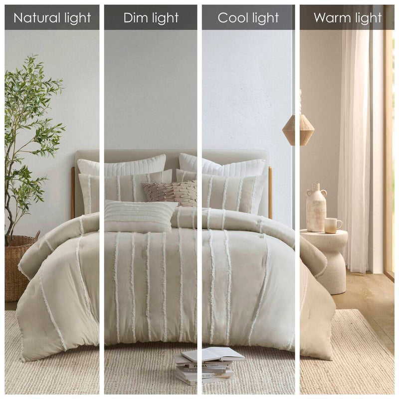 3 Piece Striped Cotton Comforter Set Taupe King/Cal King
