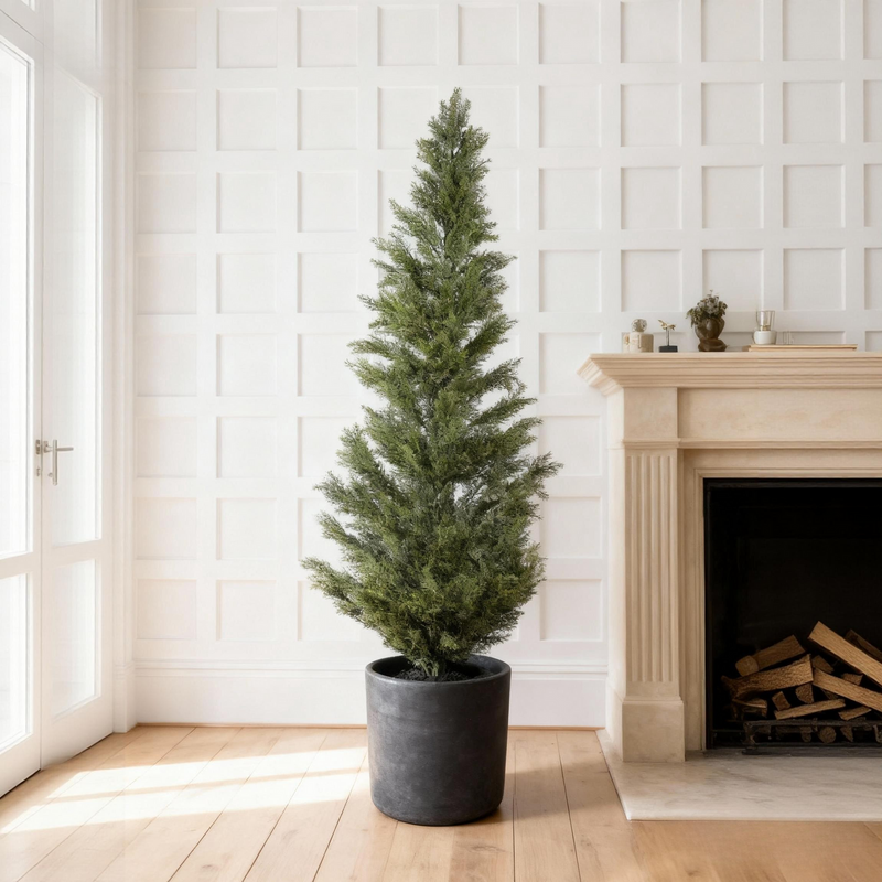 Realistic Artificial Cypress Tree in Black Plastic Pot, UV Resistant Green Fabric Leaves, 60-Inch Indoor Outdoor Topiary Plant for Garden or Entryway Decoration