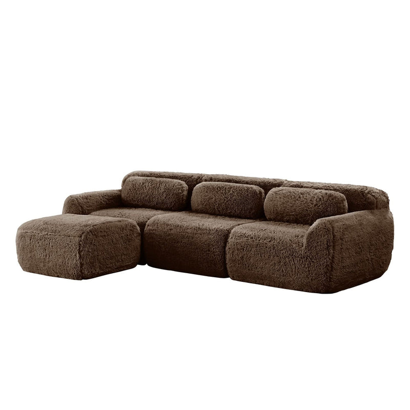 L-Shaped Sofa Plush Fabric With Movable Ottoman & Throw Pillows Chocolate