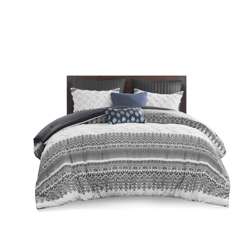 3 Piece Cotton Comforter Set with Chenille Tufting Gray Full/Queen Media 14