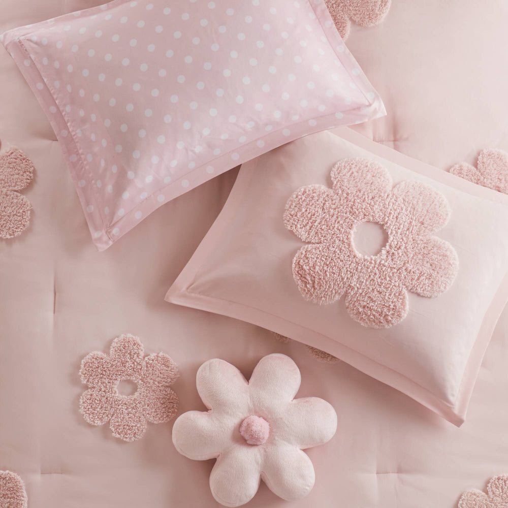 4-Piece Full/Queen Floral Reversible Tufted Chenille Comforter Set with Flower Throw Pillow,Pink Media 14