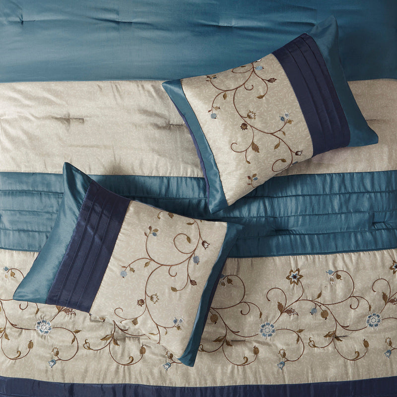 Embroidered 7 Piece Comforter Set Navy King