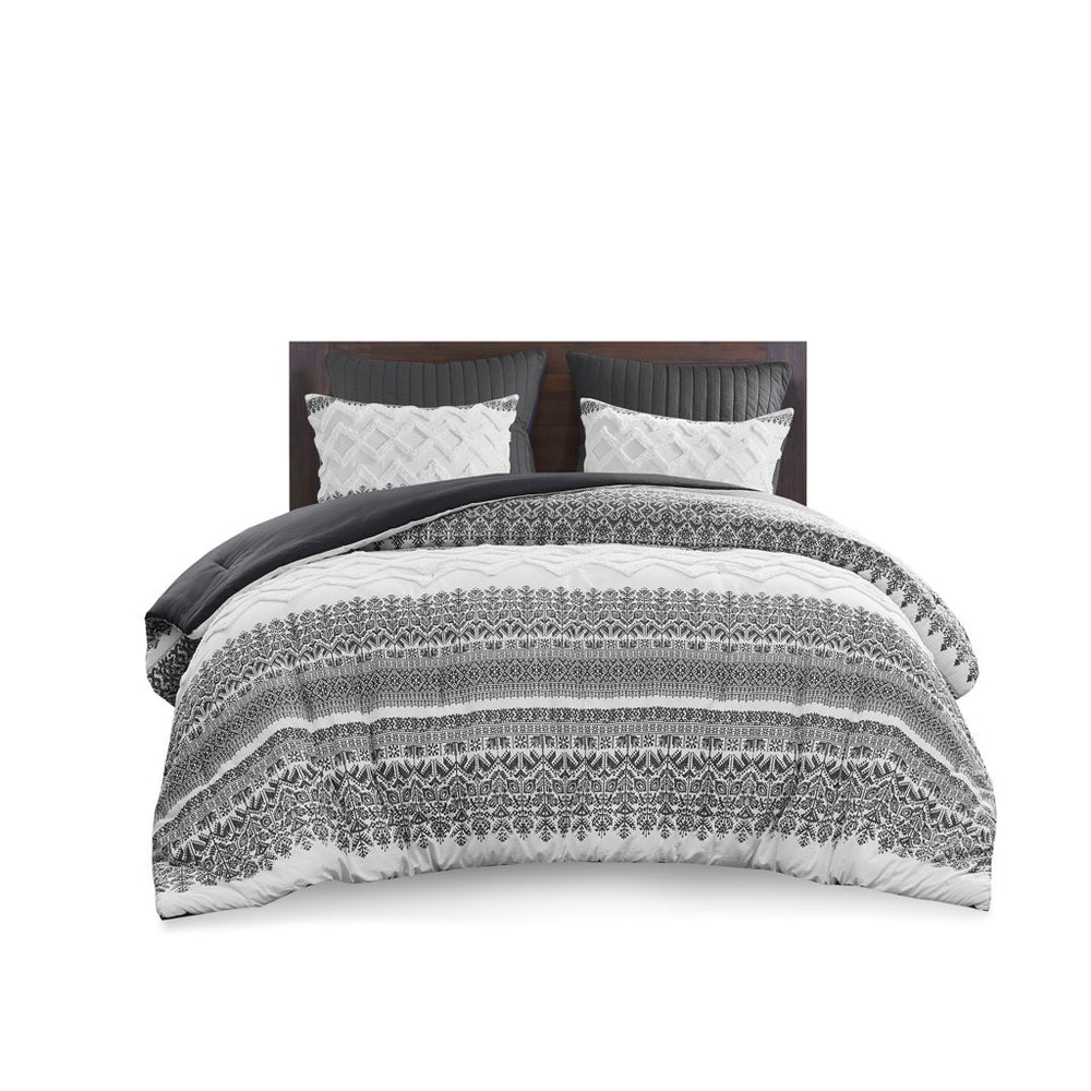 3 Piece Cotton Comforter Set with Chenille Tufting Gray Full/Queen Media 9