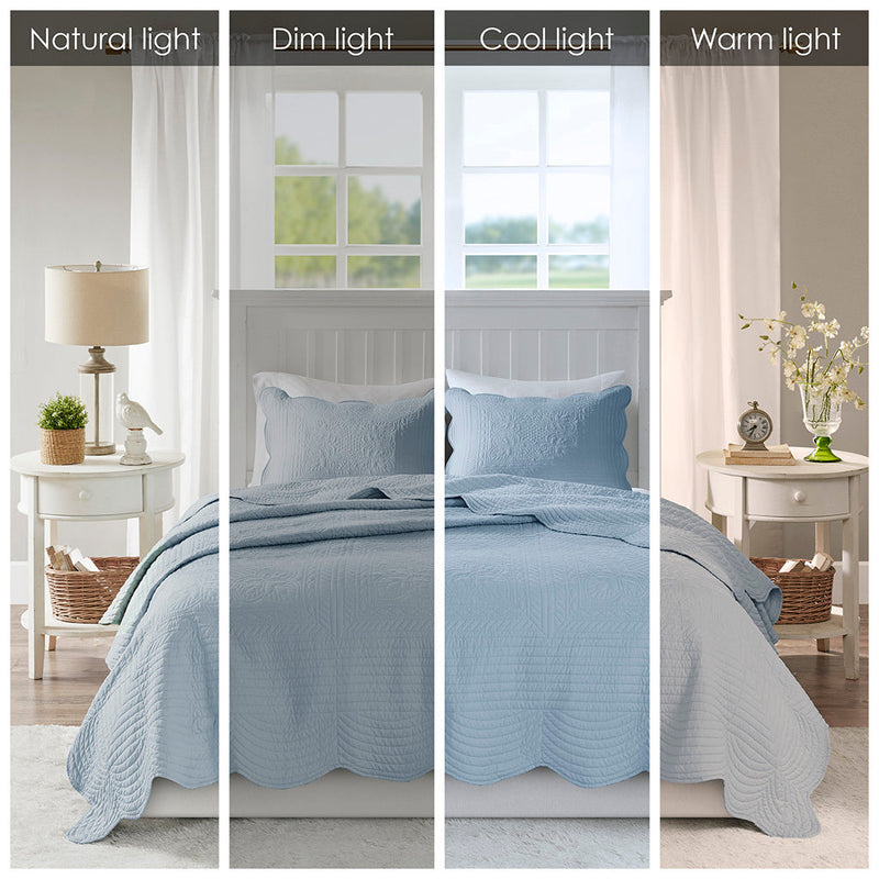 3 Piece Reversible Scalloped Edge Quilt Set Blue Full/Queen