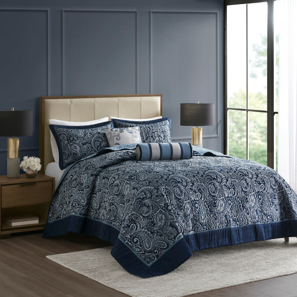 5 Piece Jacquard Bedspread Set with Throw Pillows Navy Queen Media 1