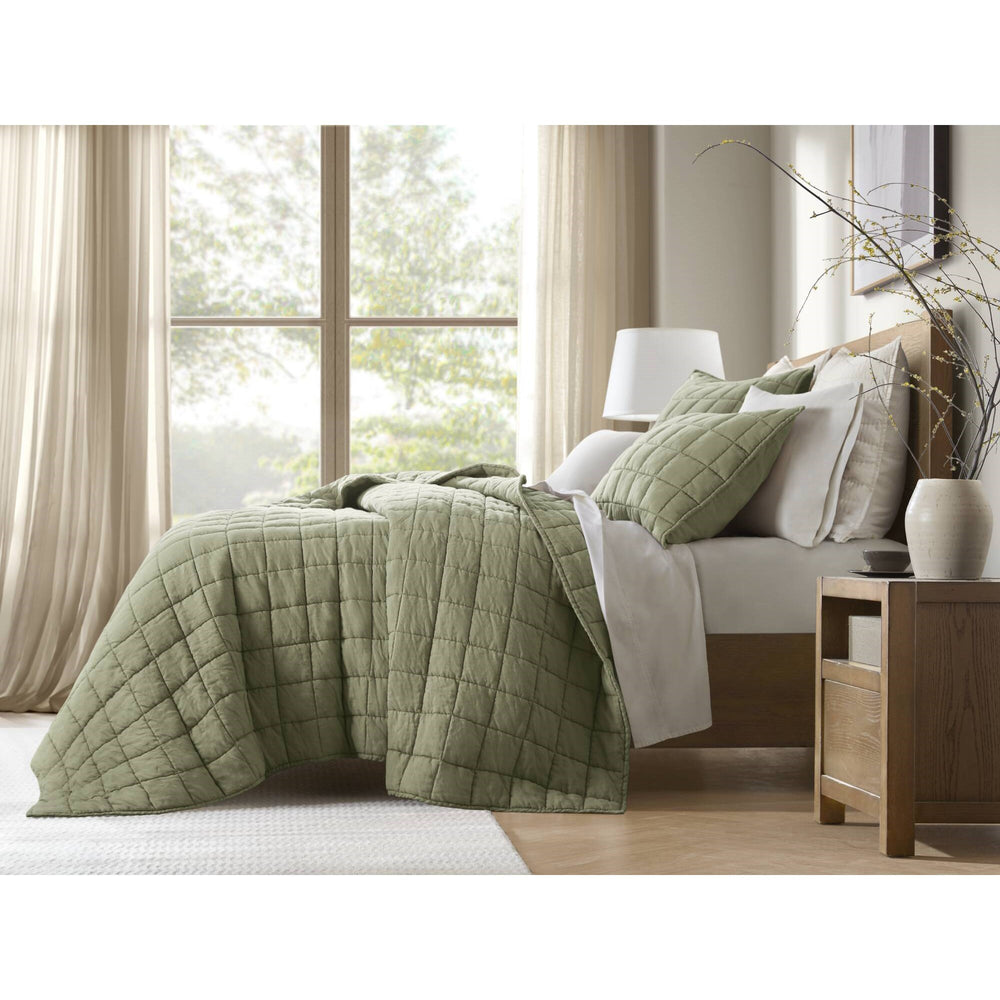 3-Piece King/Cal King Linen Garment Washed Quilt Set,Olive Green Media 10