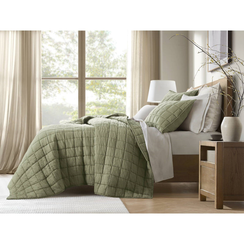 3-Piece King/Cal King Linen Garment Washed Quilt Set,Olive Green