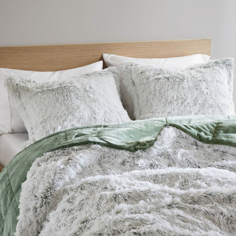 Faux Fur Comforter Set Shaggy King Cal King Green White Bedding for Bedroom 3 Piece