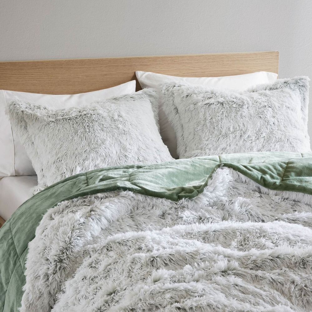 Faux Fur Comforter Set Shaggy Twin XL Green & White Cozy Bedding For Home Decor Accent Media 3