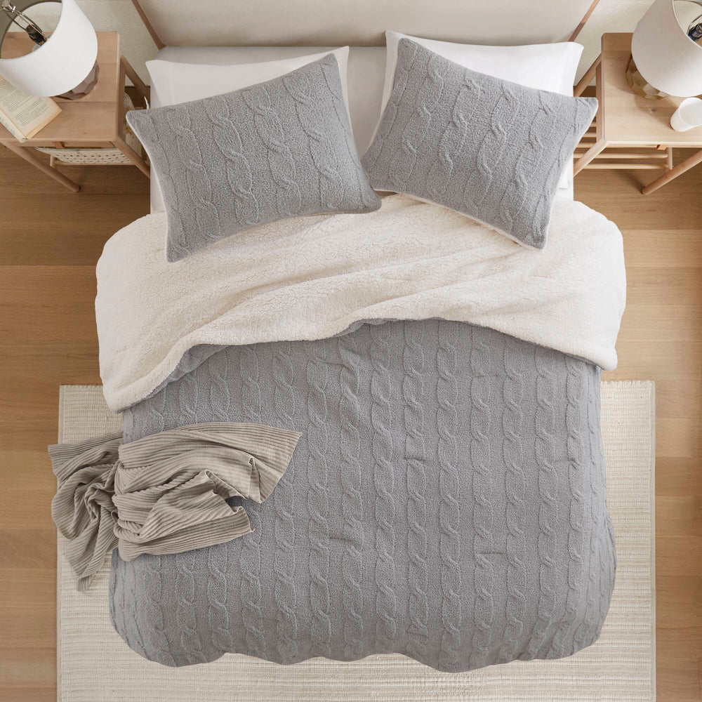 3 Pieces King/Cal King Cable Knit Chenille Comforter Set,Gray Media 13