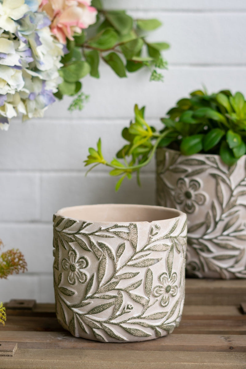 S/2 Gray Sand and Cement Planters with Etched Green Floral Motif, L:D6.7x6.3' S:D5.5x5'