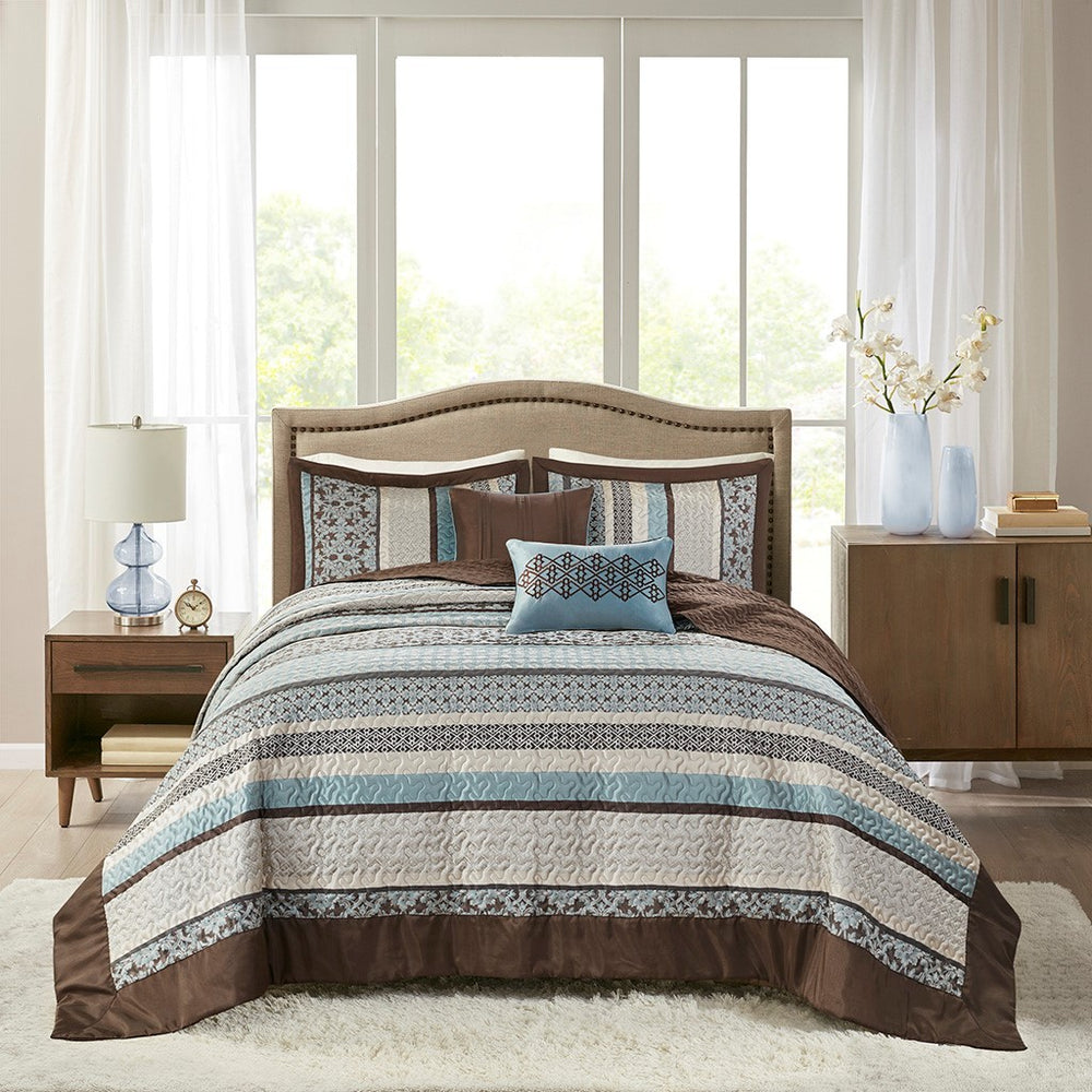 5 Piece Reversible Jacquard Bedspread Set Blue Queen Media 10
