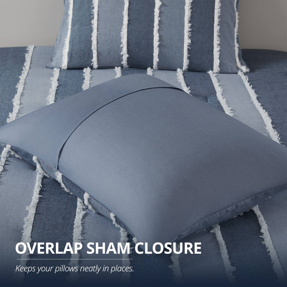 3 Pieces Full/Queen Striped Cotton Comforter Set,Blue Media 2
