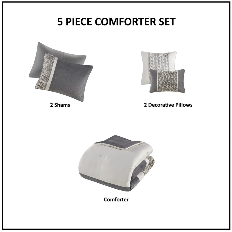 5 Piece Textured Jacquard Stripe Comforter Set with Throw Pillows-King/Cal King