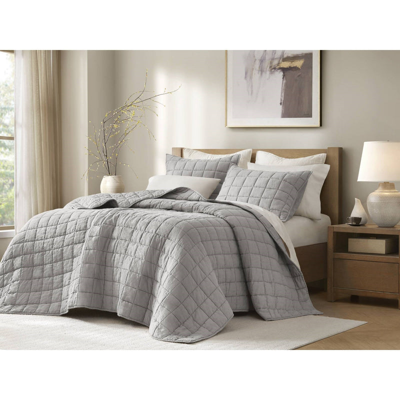 3-Piece King/Cal King Linen Garment Washed Quilt Set,Gray