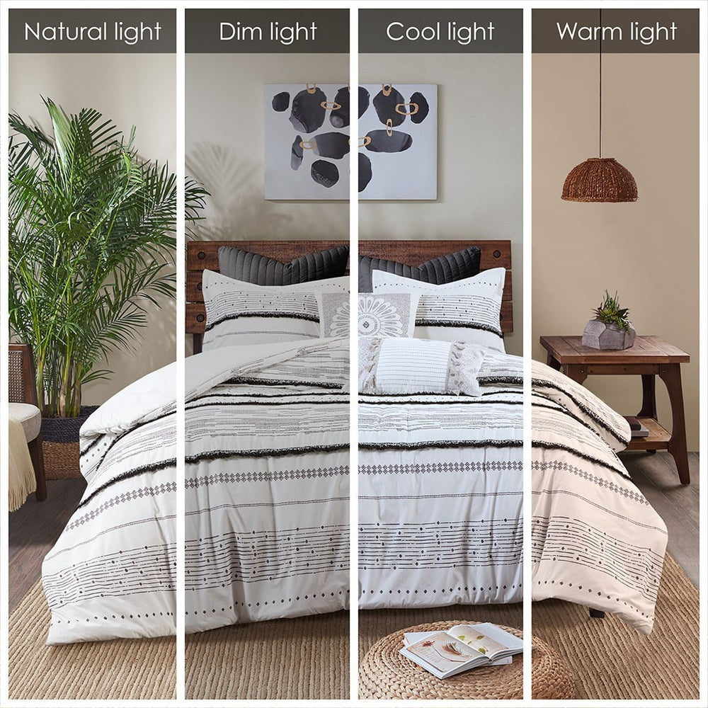 Cotton Printed Comforter Set with Trims Black/White King/Cal King Media 10