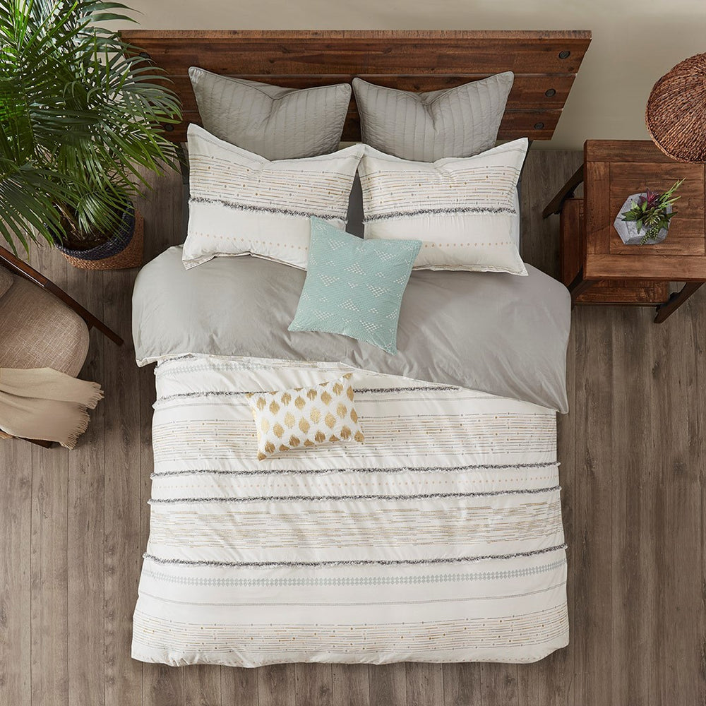 Cotton Printed Comforter Set with Trims Off White/Gray King/Cal King Media 6