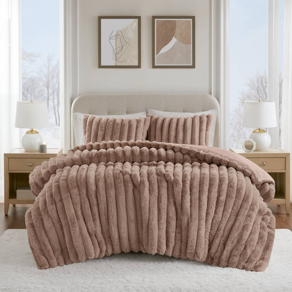 3 Pieces King Ultrasoft Faux Fur Ribbed Comforter Set,Mocha Media 1